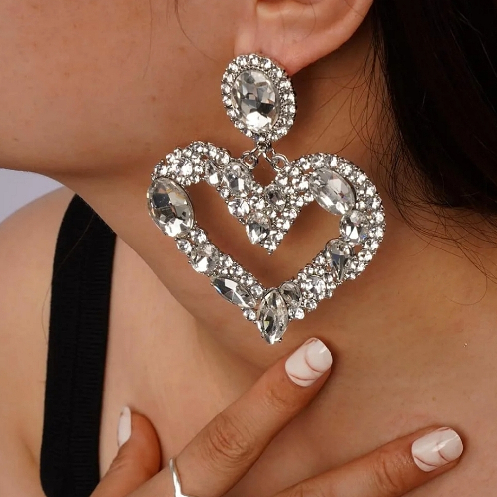 Huge BOLD and Beautiful Blingy Rhinestone Heart Earrings